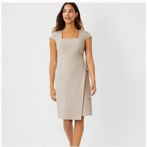 Ann Taylor Square Neck Beige Cap Sleeve Linen Wrap Dress